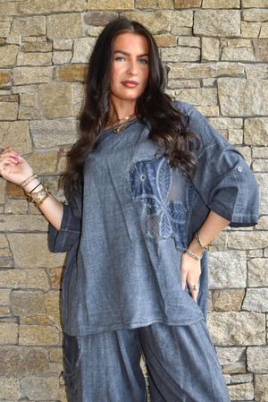 Lindin Linen Blend Crochet Flower Top Washed Navy